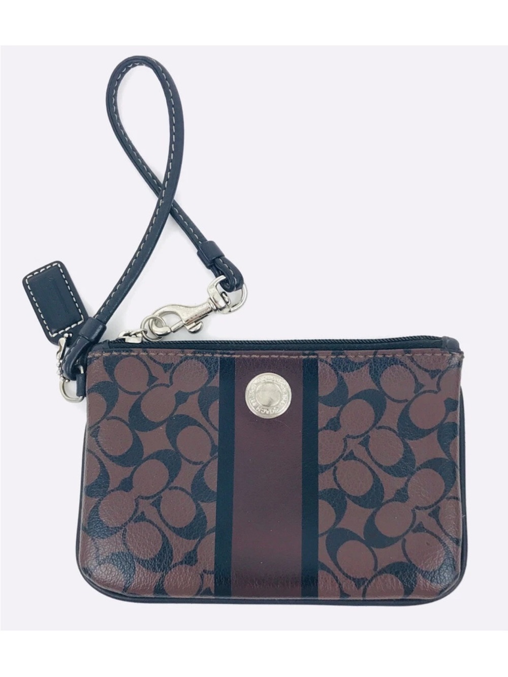 Coach Heritage Stripe Chelsea Signature Brown/Black Canvas Wristlet F43894